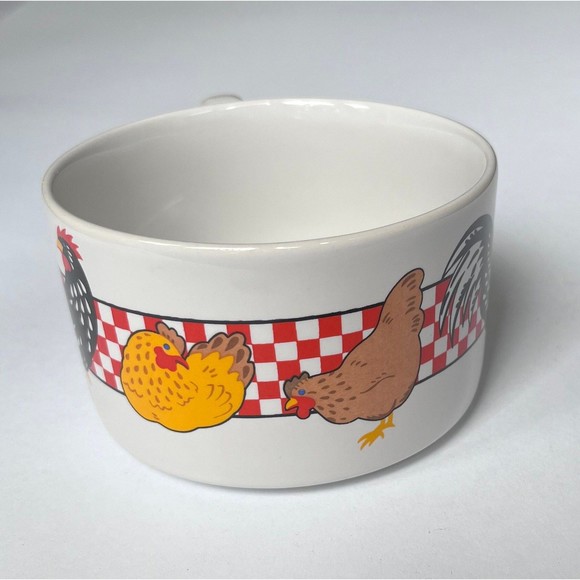 Ceramic Chicken/Rooster Soup Mugs Bowl With Handle Farmhouse Checkered Red - Picture 2 of 10